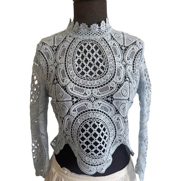 Banjul Tops - Banjul Light Blue Guipure Lace‎ High Neck Long Sleeve Scalloped Crop Top